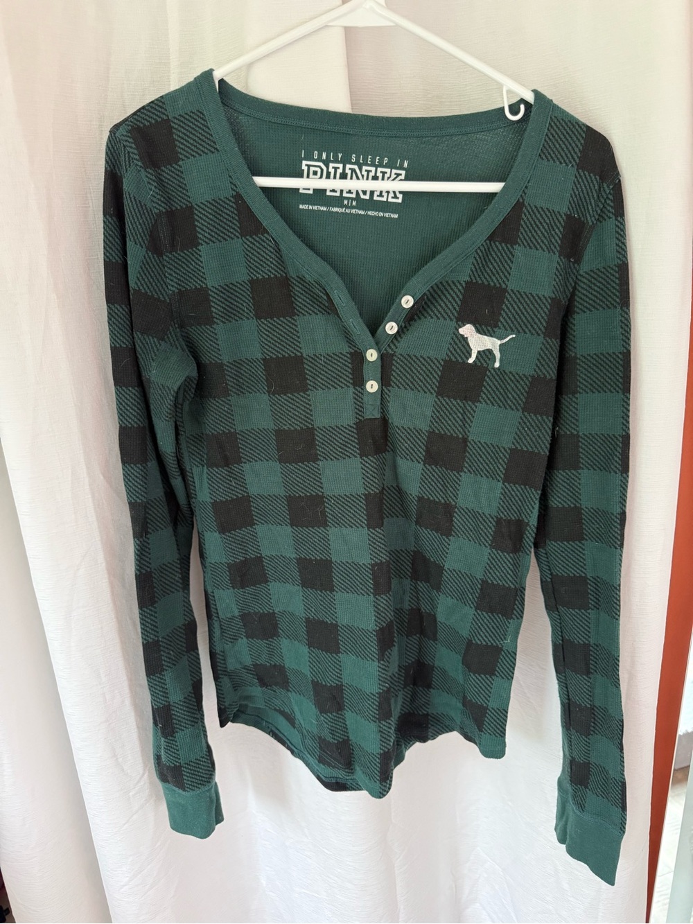 PINK Victoria's Secret Green and Black Plaid Long Sleeve Henley